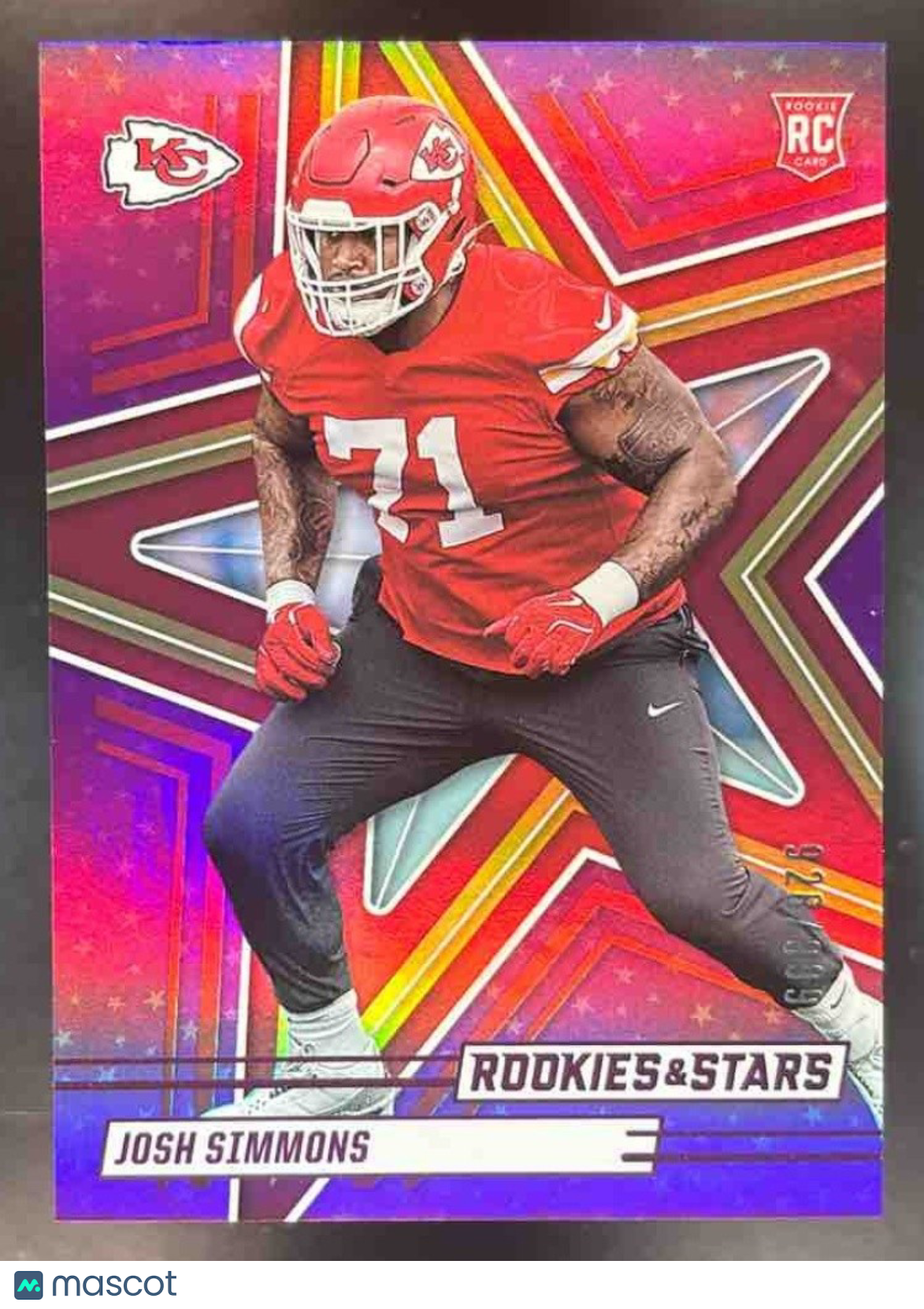 2025 Panini Rookies & Stars Josh Simmons Purple /999 #146 RC Kansas City Chiefs - Sports Cards