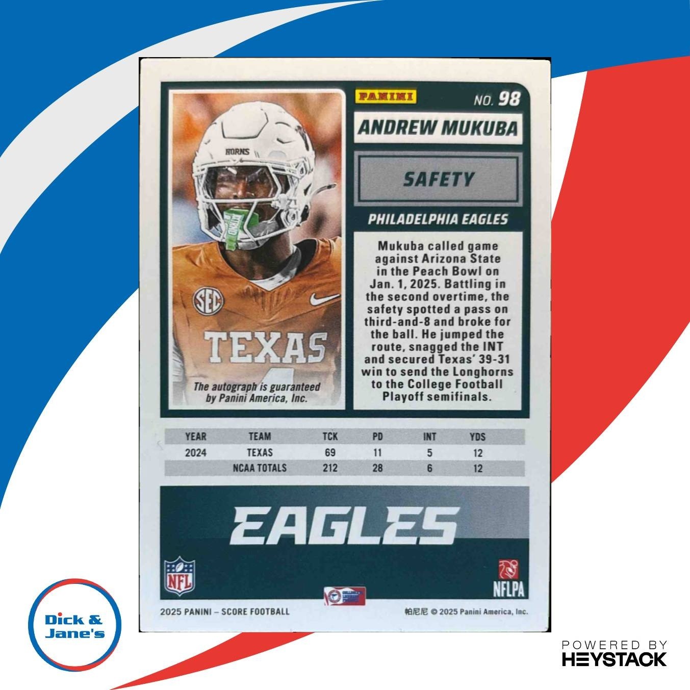 2025 Panini Score Andrew Mukuba Rookies Signatures #98 Auto Philadelphia Eagles - Sports Cards