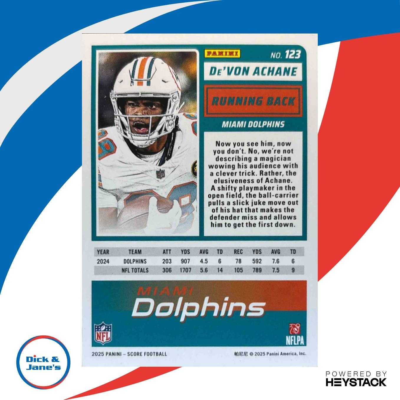 2025 Panini Score De’Von Achane Circular 1/299 #123 Miami Dolphins - Sports Cards