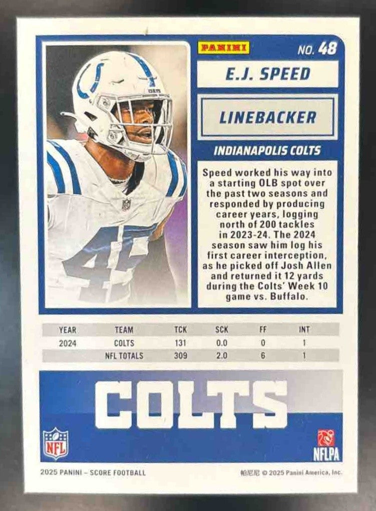 2025 Panini Score E.J. Speed Electric /99 #48 Indianapolis Colts - Sports Cards