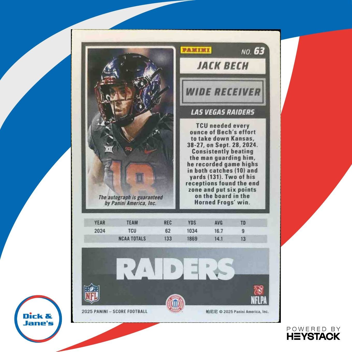 2025 Panini Score Jack Bech Rookies Signatures Green #63 Auto Las Vegas Raiders - Sports Cards