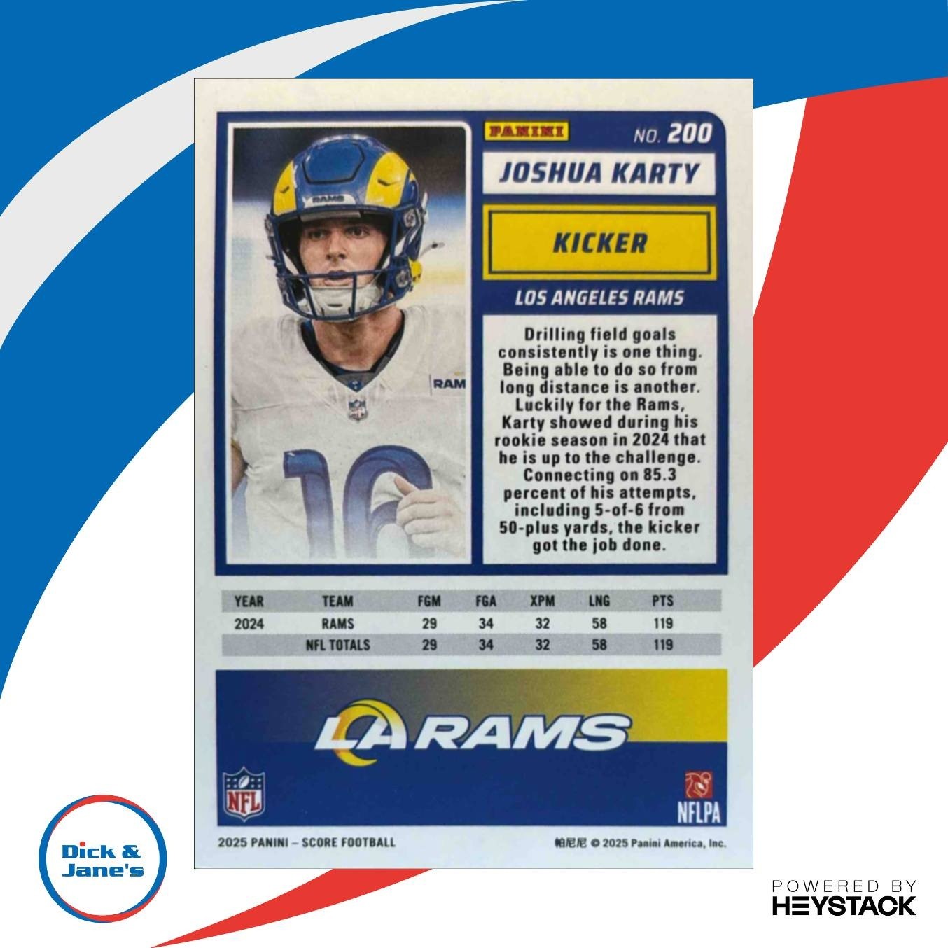 2025 Panini Score Joshua Karty First Down 8/10 #200 Los Angeles Rams - Sports Cards