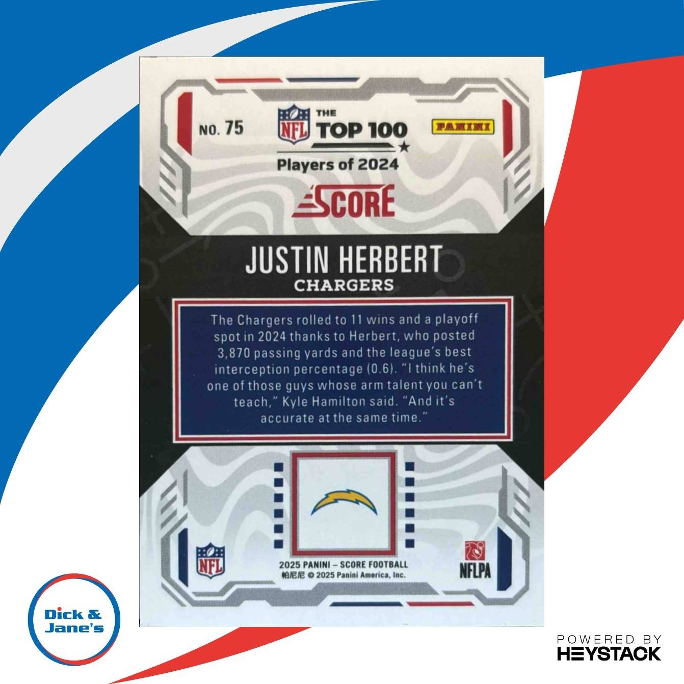 2025 Panini Score Justin Herbert Top 100 #75 Los Angeles Chargers - Sports Cards