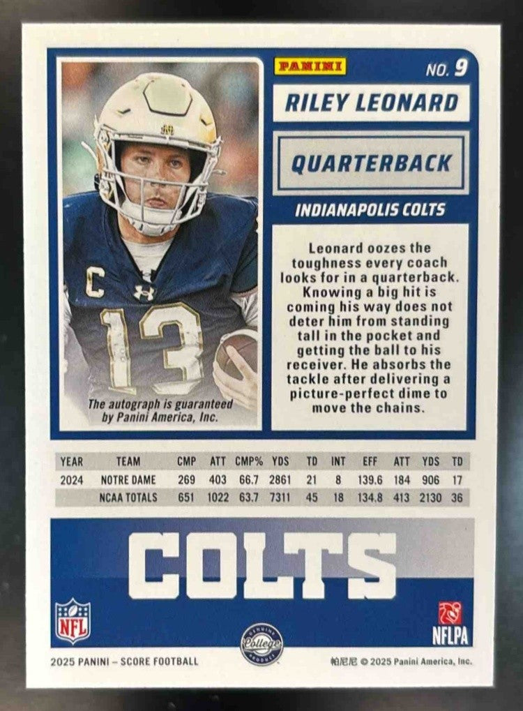 2025 Panini Score Riley Leonard Rookies Signatures #9 Auto Indianapolis Colts - Sports Cards