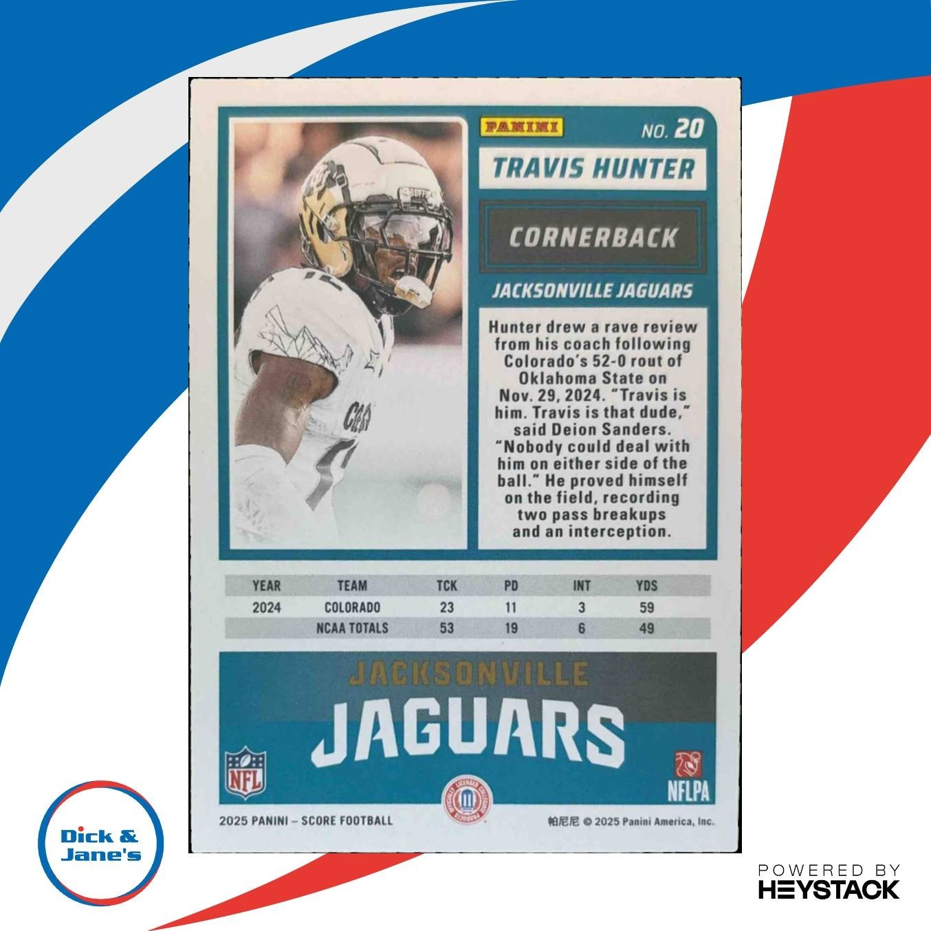 2025 Panini Score Travis Hunter Rookies Showcase 74/100 #20 Jacksonville Jaguars - Sports Cards