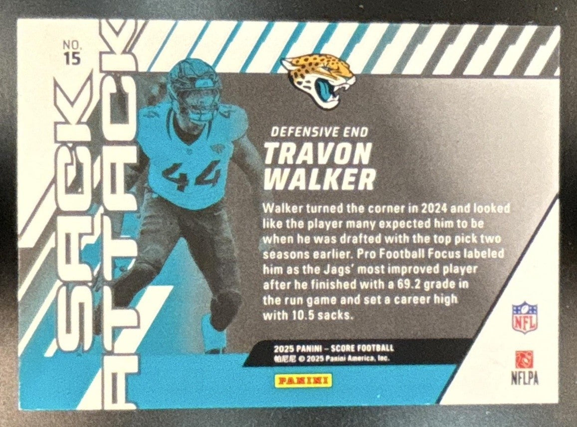 2025 Panini Score Travon Walker Sack Attack /35 #15 Jacksonville Jaguars - Sports Cards