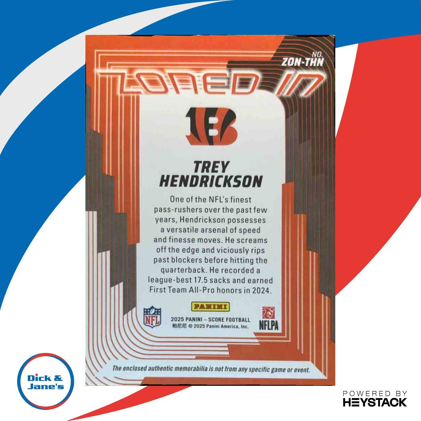 2025 Panini Score Trey Hendrickson Zoned In Jerseys MEM Cincinnati Bengals - Sports Cards