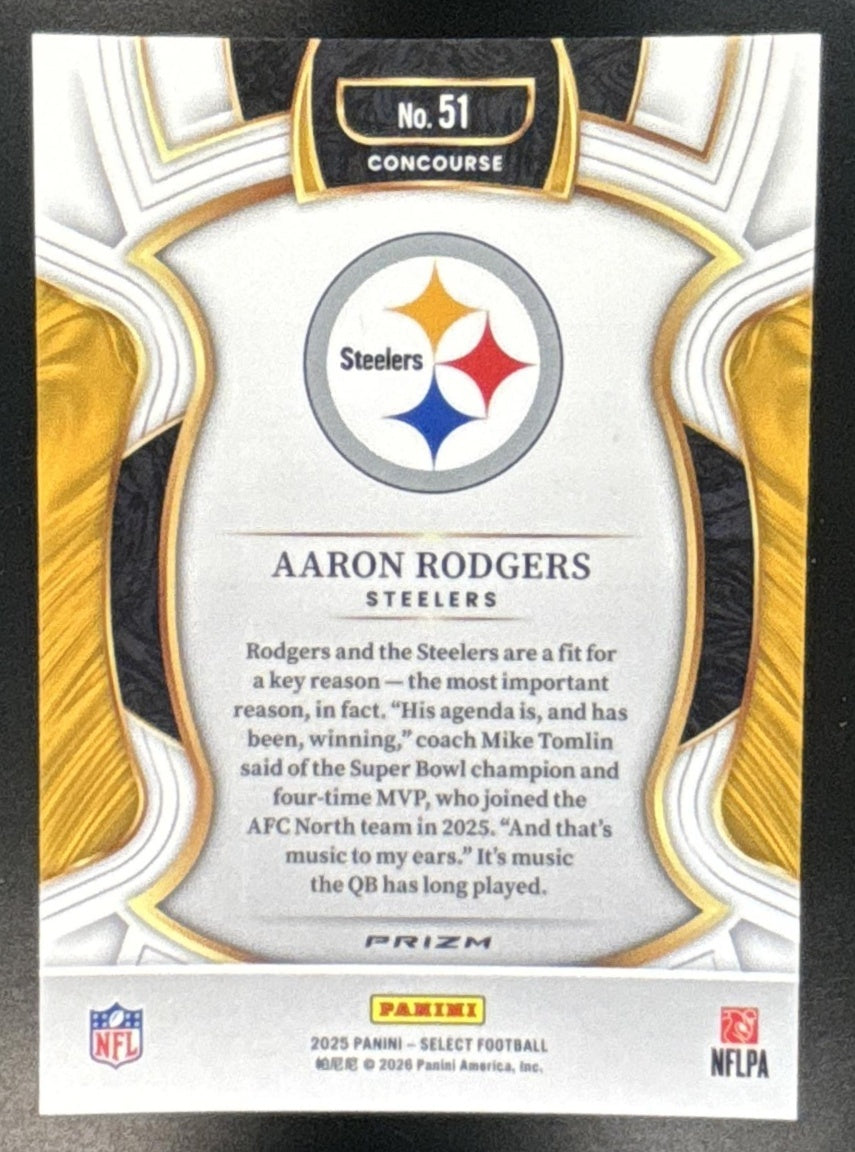 2025 Panini Select Aaron Rodgers Concourse Zebra Prizm #51 Pittsburgh Steelers - Sports Cards