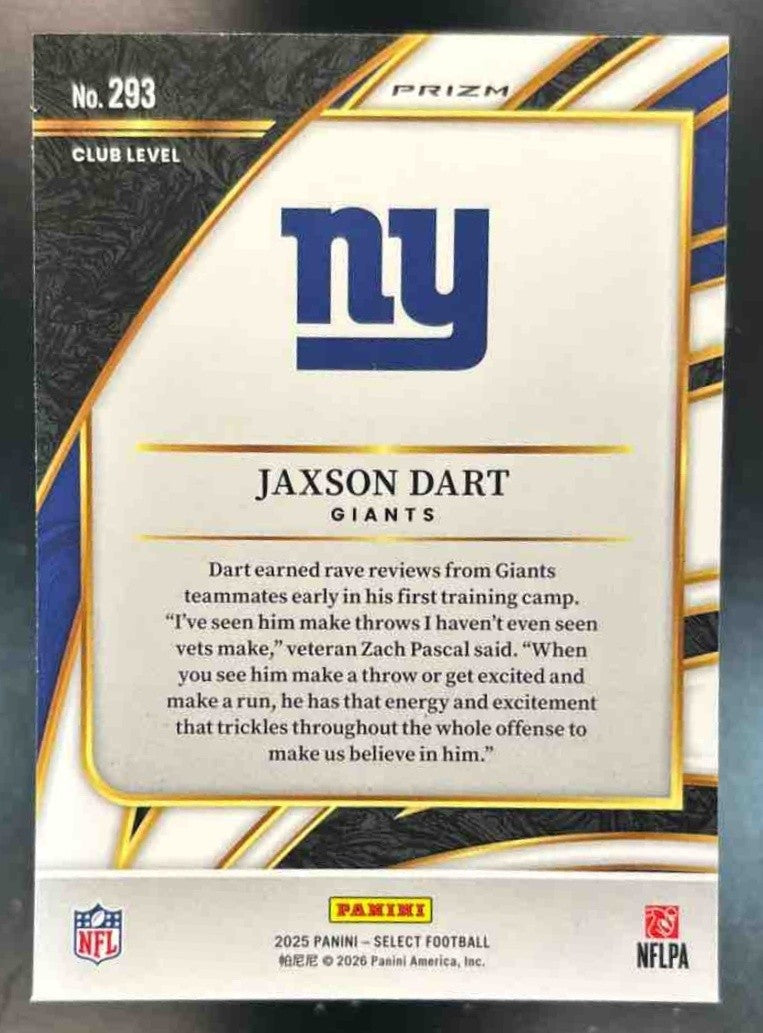 2025 Panini Select Jaxson Dart Black and Red Prizm Shock #293 RC New York Giants - Sports Cards