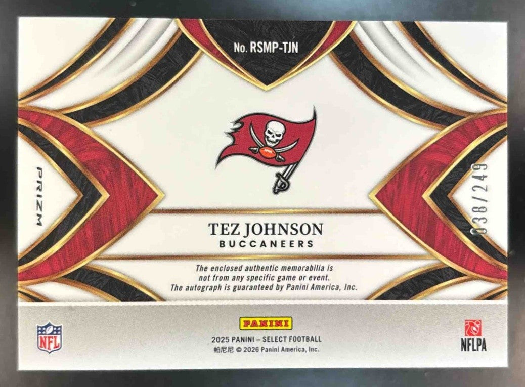 2025 Panini Select Tez Johnson Patch Auto Prizm /249 RC Tampa Bay Buccaneers - Sports Cards