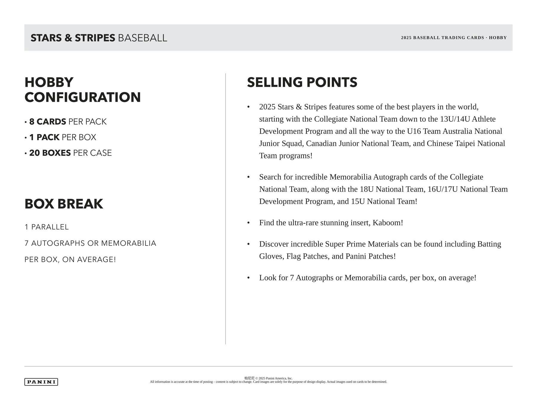 2025 Panini USA Stars & Stripes Baseball Hobby Box (7 Auto or Mem) - MLB hobby