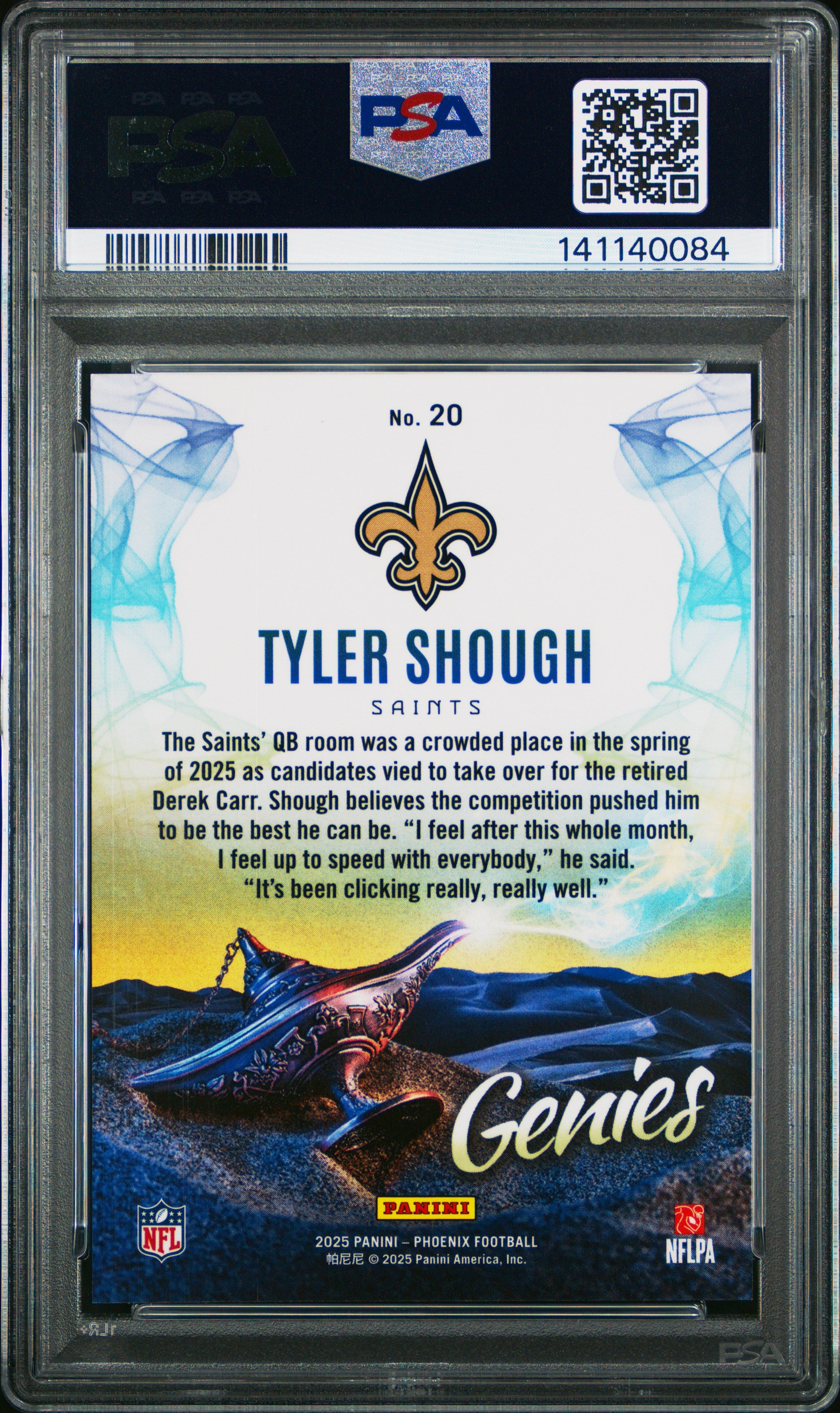 2025 Phoenix Genies Tyler Shough Rookie CASE HIT SSP #20 PSA 10 GEM MINT Saints - Graded Sports Cards