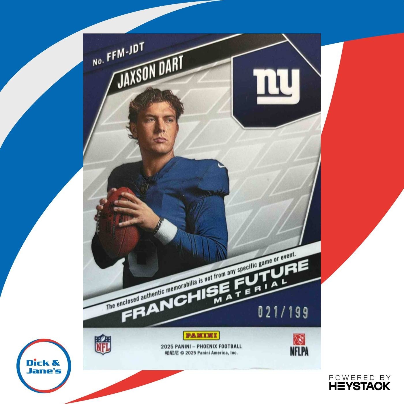 2025 Phoenix Jaxson Dart Franchise Future Material Blue /199 MEM RC Giants - Sports Cards