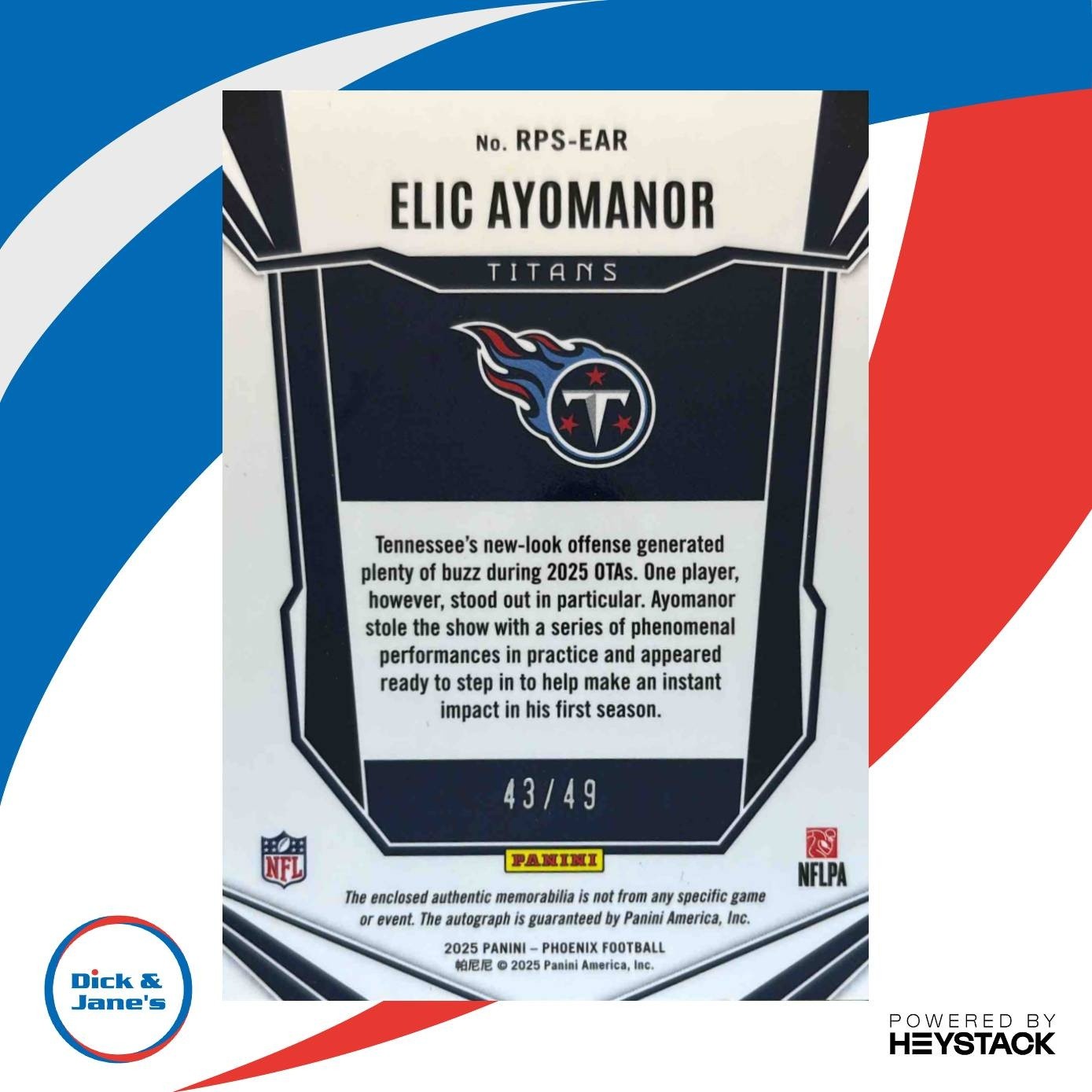 2025 Phoenix Jumbo Patch AUTO Blue Elic Ayomanor /49 RPS-EAR Dual Color - Sports Cards