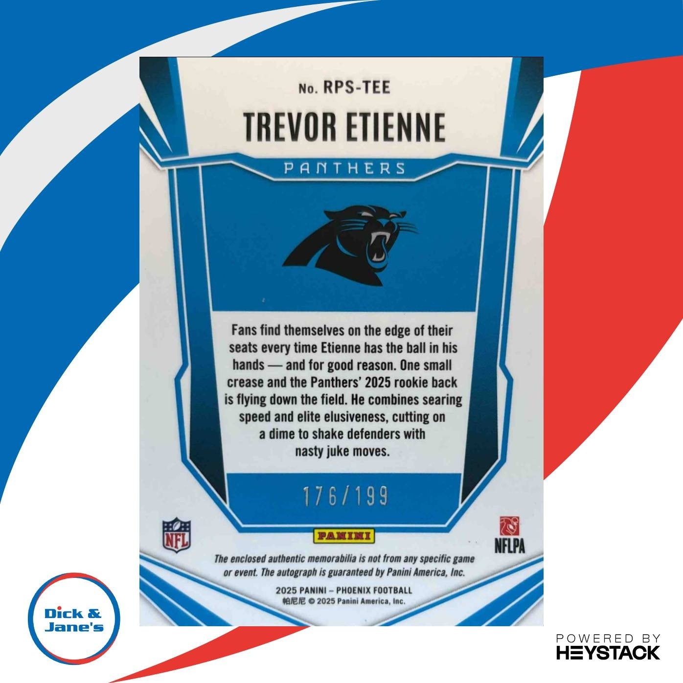 2025 Phoenix Trevor Etienne RC Auto Patch Tri Color /199 Carolina Panthers - Sports Cards