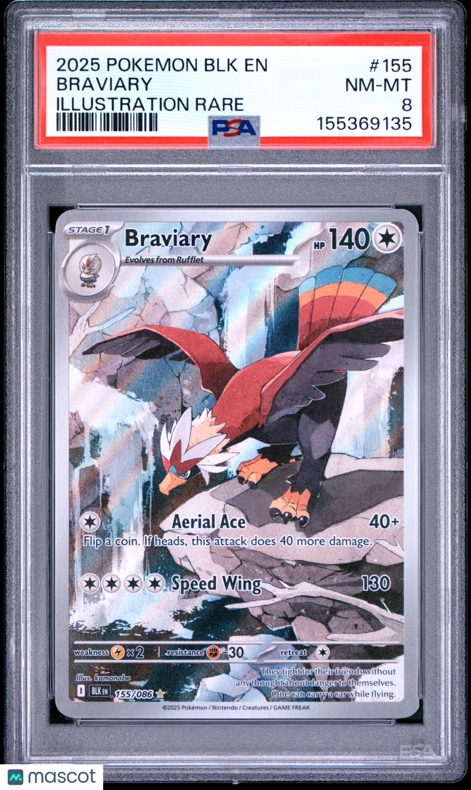 2025 Pokemon Black Bolt Braviary #155 Illustration Rare PSA 8 - Graded TCG/CCG