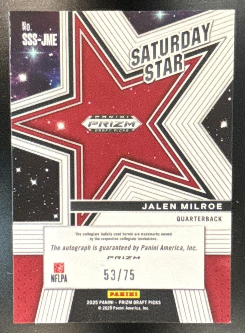2025 Prizm Draft Picks Jalen Milroe Saturday Star Signatures Orange Wave /75 #10 - Sports Cards