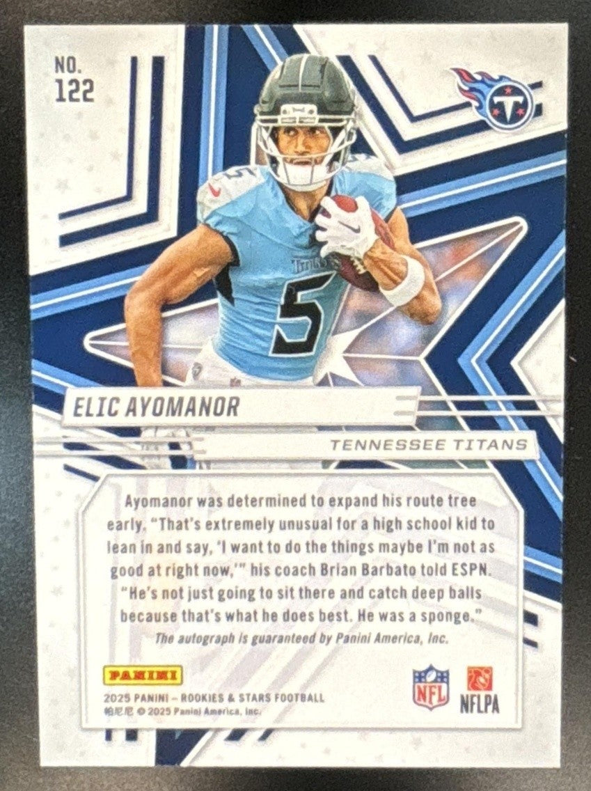 2025 Rookies & Stars Elic Ayomanor Signatures Platinum 1/1 #122 RC Auto Titans - Sports Cards