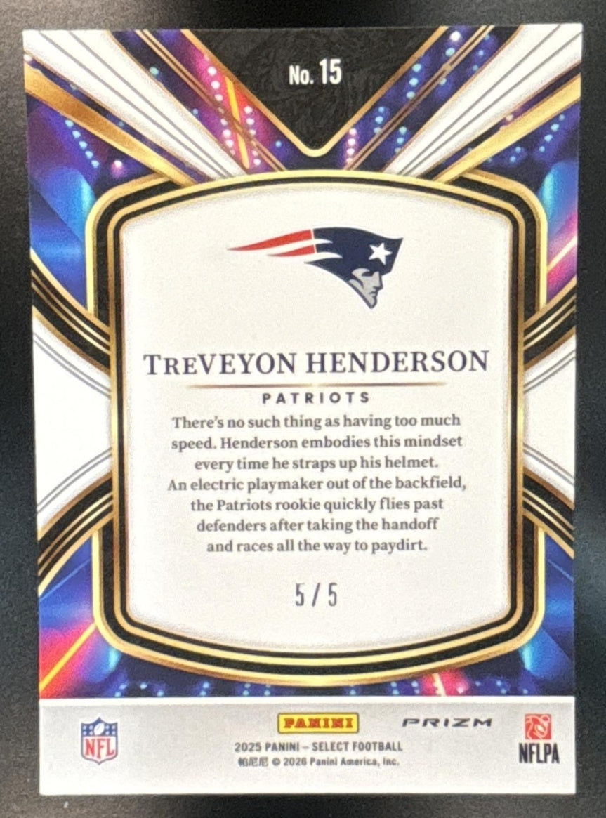 2025 Select #5 TreVeyon Henderson Future Green Prizm 5/5 RC New England Patriots - Sports Cards