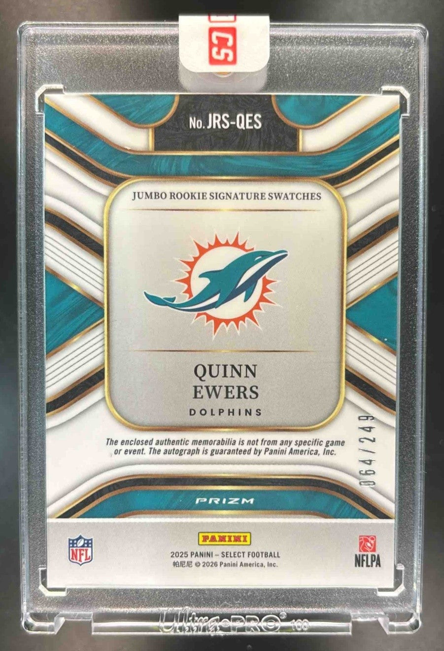 2025 Select Quinn Ewers Jumbo Patch Auto Prizm /249 MEM RC Auto Miami Dolphins - Sports Cards