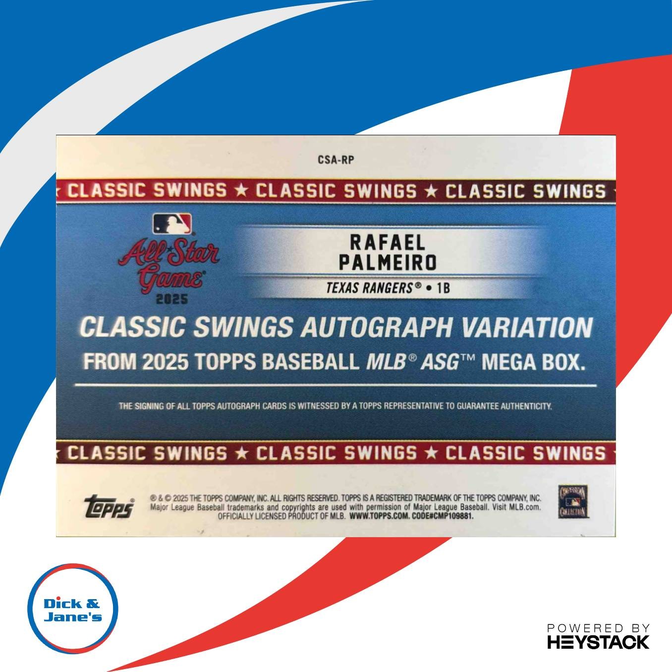 2025 Topps All-Star Game Mega Box Rafael Palmeiro Classic Swings Auto Black /10 - Sports Cards