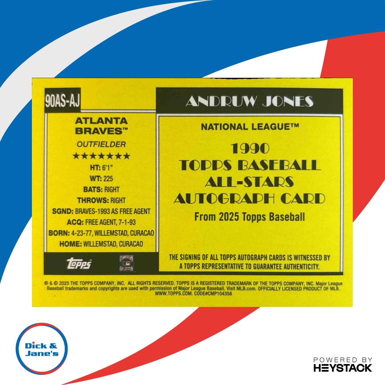2025 Topps Andruw Jones 1990 All-Star Auto (S2) #90AS-AJ Atlanta Braves - Sports Cards