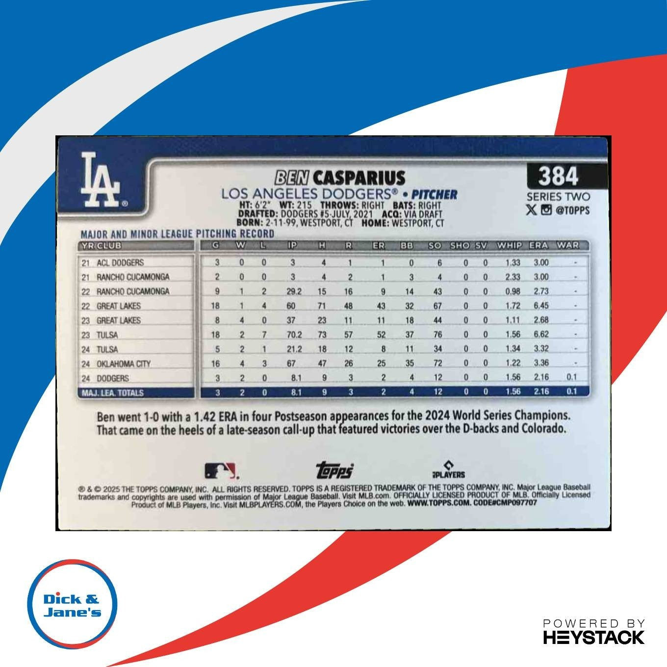 2025 Topps Ben Casparius Team Color Border Variation #384 RC Los Angeles Dodgers - Sports Cards
