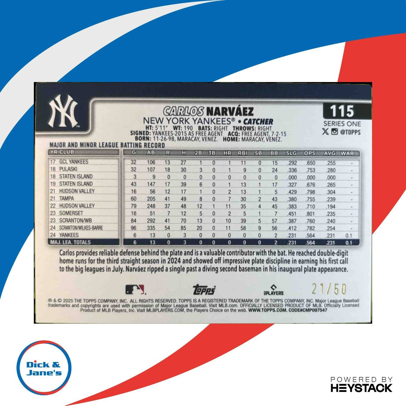 2025 Topps Carlos Narvaez Gold Holo Foil 21/50 #115 RC New York Yankees Rookie - Sports Cards