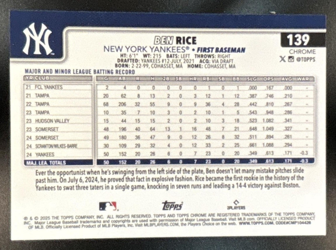2025 Topps Chrome Ben Rice Green Geometric Refractor /99 #139 RC Yankees - Sports Cards
