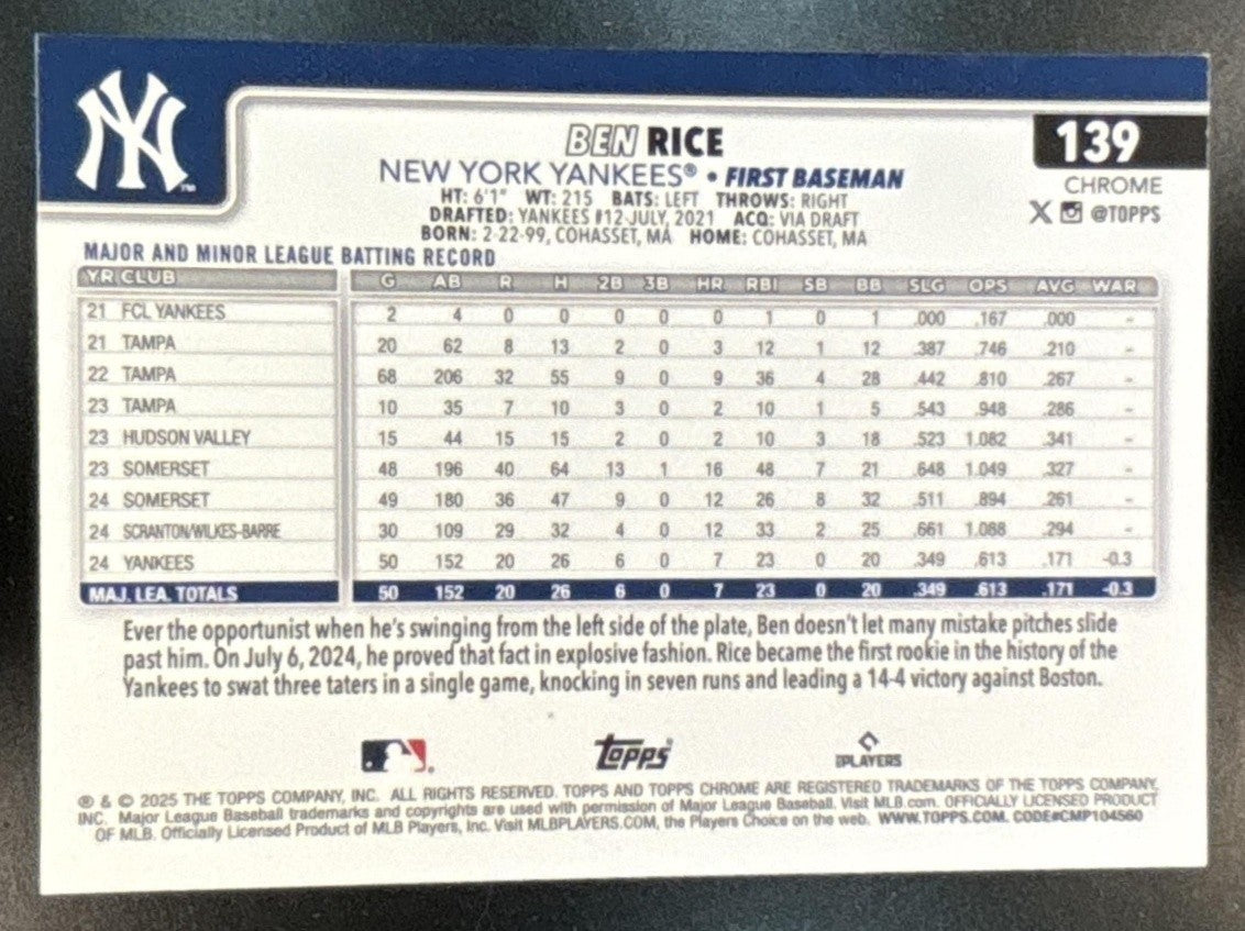 2025 Topps Chrome Ben Rice Image Variation (refractor) #139 RC New York Yankees - Sports Cards