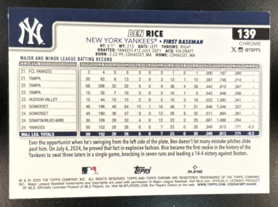 2025 Topps Chrome Ben Rice Topps Logo Refractor #139 RC New York Yankees - Sports Cards