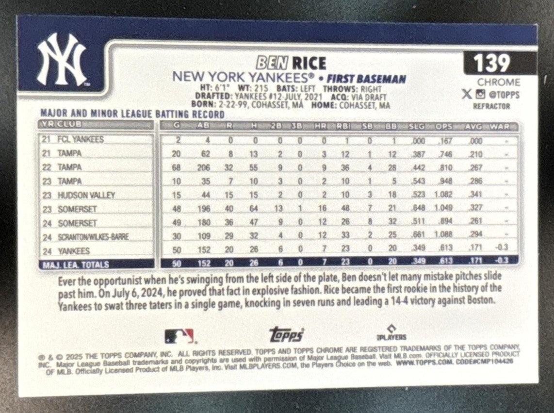 2025 Topps Chrome Ben Rice Refractor #139 RC New York Yankees - Sports Cards