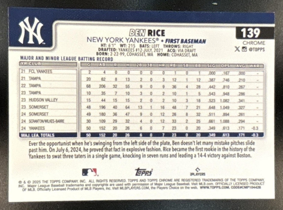2025 Topps Chrome Ben Rice Teal Refractor /299 #139 RC New York Yankees - Sports Cards