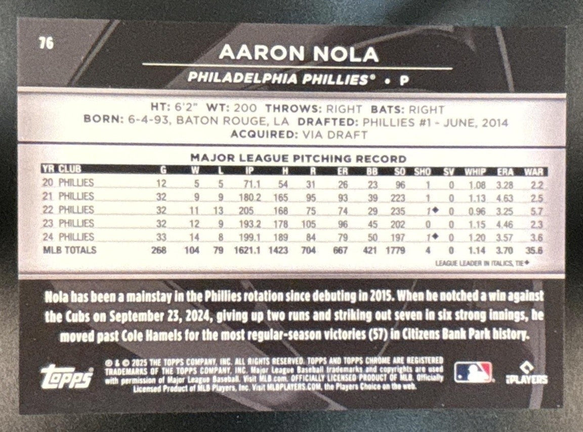 2025 Topps Chrome Black Aaron Nola Gold Refractor 1/50 #76 Philadelphia Phillies - Sports Cards