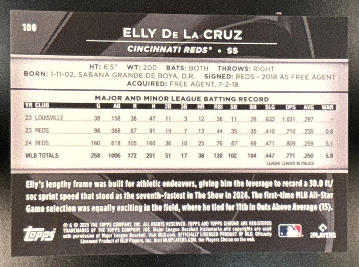 2025 Topps Chrome Black Elly De La Cruz Blue Refractor /150 #100 Cincinnati Reds - Sports Cards