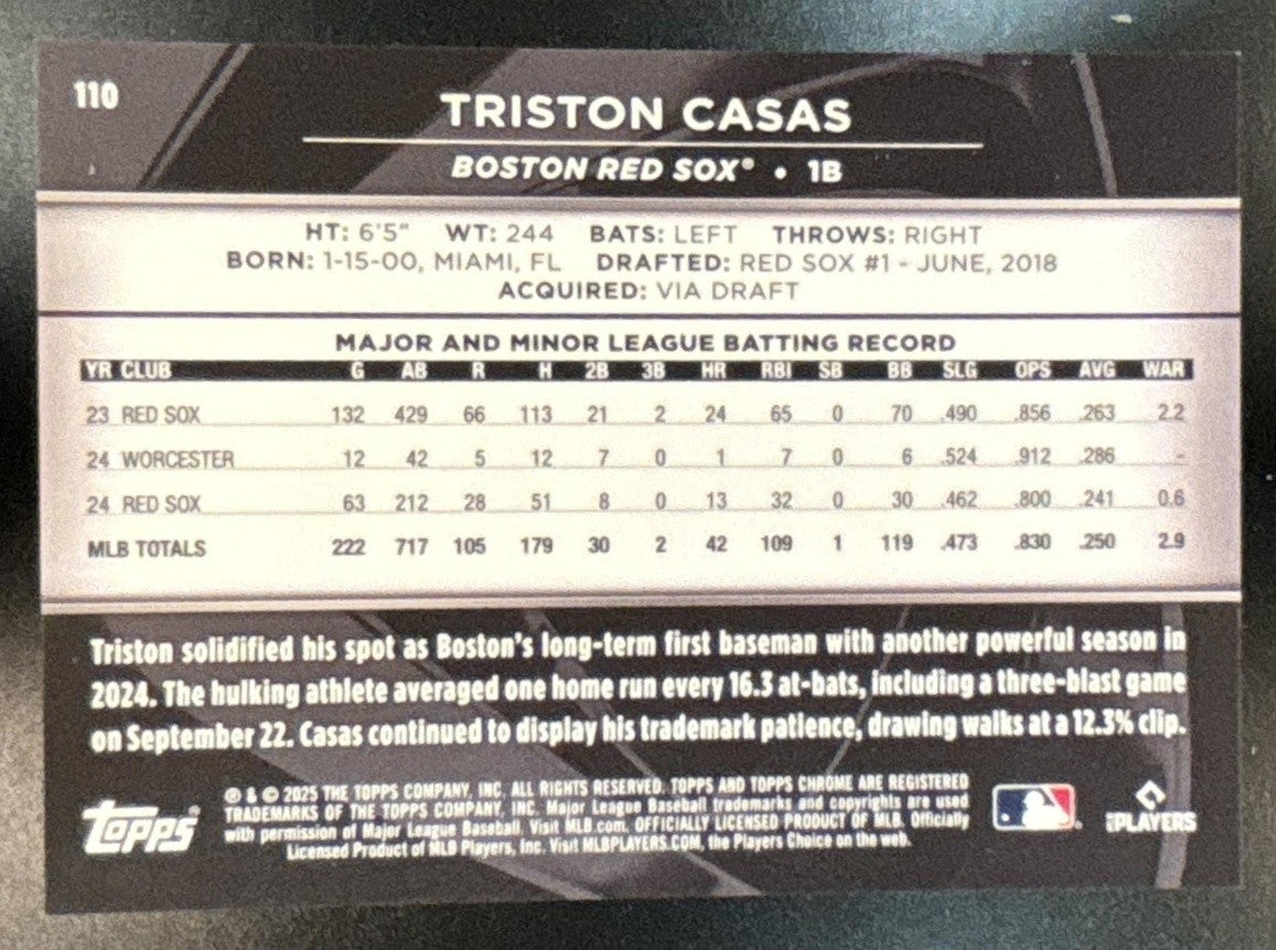 2025 Topps Chrome Black Triston Casas Red Refractor /5 #110 Boston Sox - Sports Cards