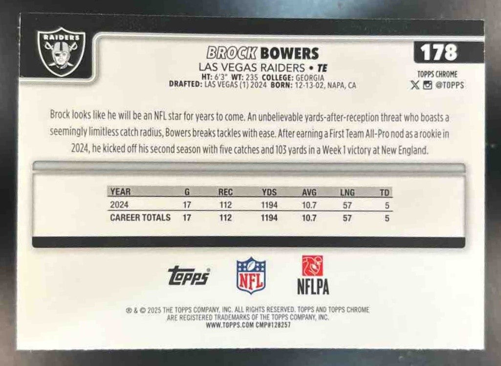 2025 Topps Chrome Brock Bowers Pink Wave Refractor /250 #178 Las Vegas Raiders - Sports Cards