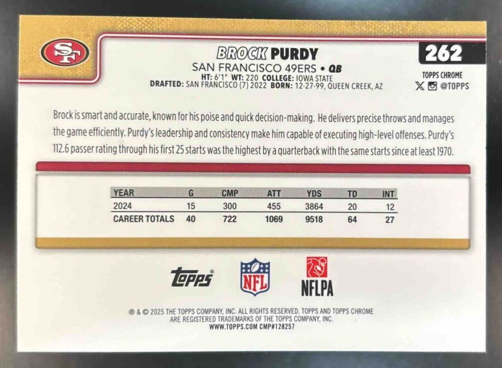 2025 Topps Chrome Brock Purdy Football Leather #262 San Francisco 49ers - Sports Cards