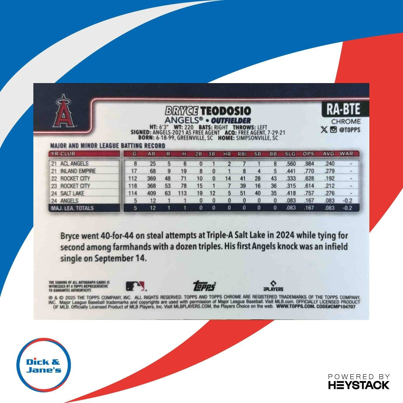 2025 Topps Chrome Bryce Teodosio Rookie Auto #RA-BTE RC Angels - Sports Cards