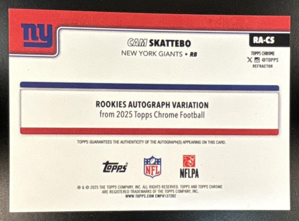 2025 Topps Chrome Cam Skattebo Auto Refractor /499 #RA-CS RC New York Giants - Sports Cards