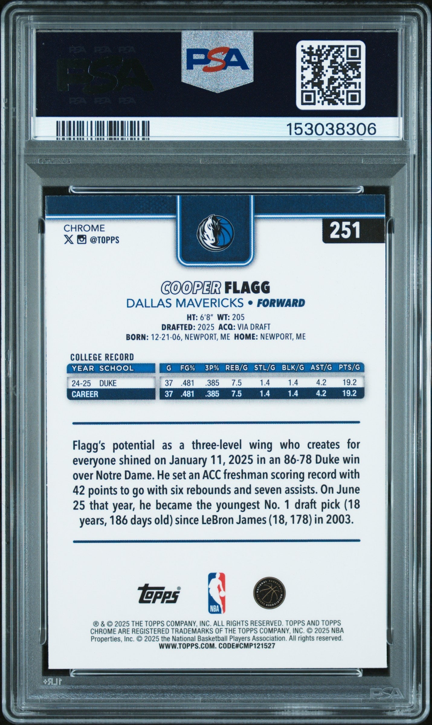 2025 Topps Chrome Cooper Flagg #251 PSA 10 - Graded Sports Cards