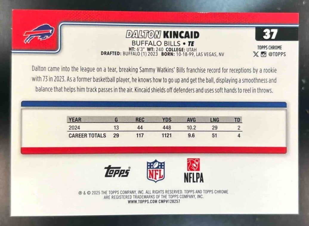 2025 Topps Chrome Dalton Kincaid Black Geometric 1/10 #37 Buffalo Bills - Sports Cards