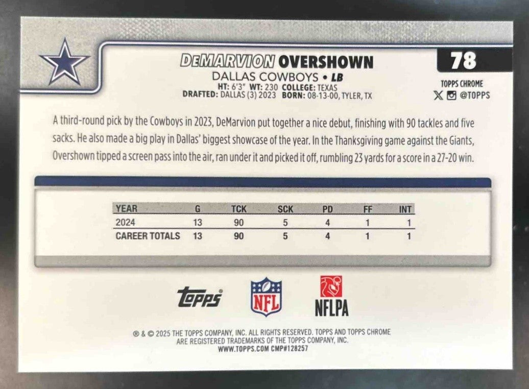 2025 Topps Chrome DeMarvion Overshown Football Leather Black 10/10 Dallas Cowboy - Sports Cards