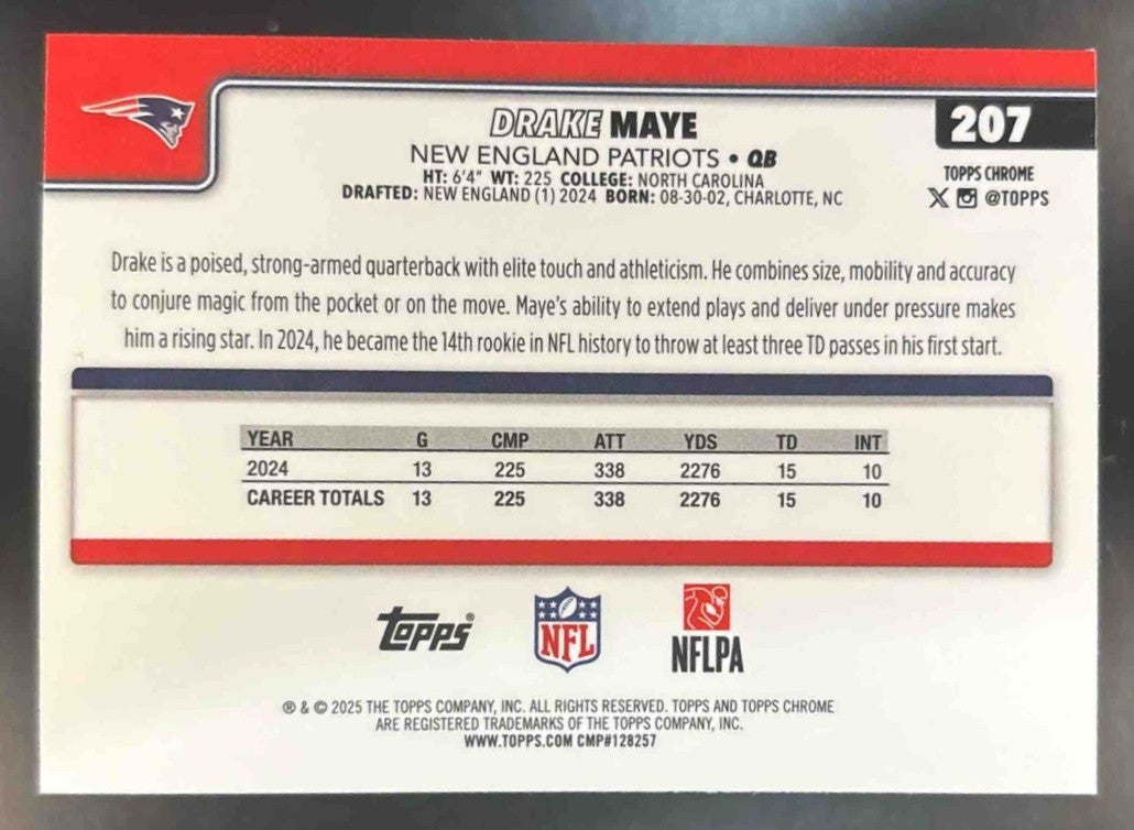 2025 Topps Chrome Drake Maye Pulsar Refractor #207 New England Patriots - Sports Cards