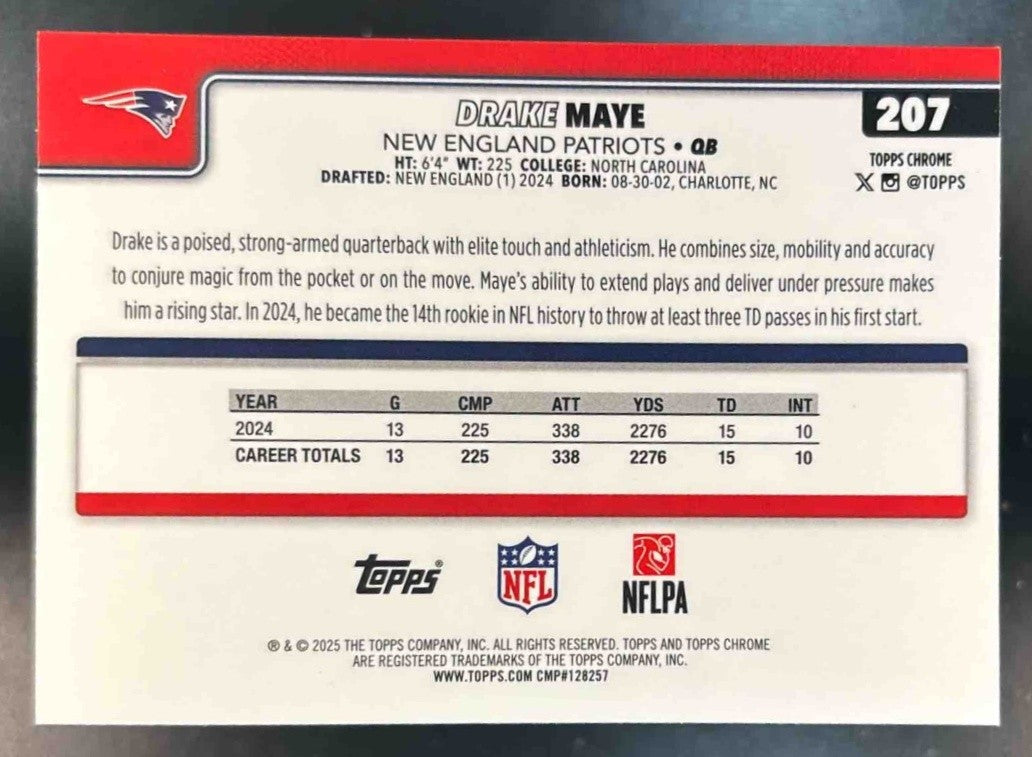 2025 Topps Chrome Drake Maye Red/White/Blue Refractor #207 New England Patriots - Sports Cards