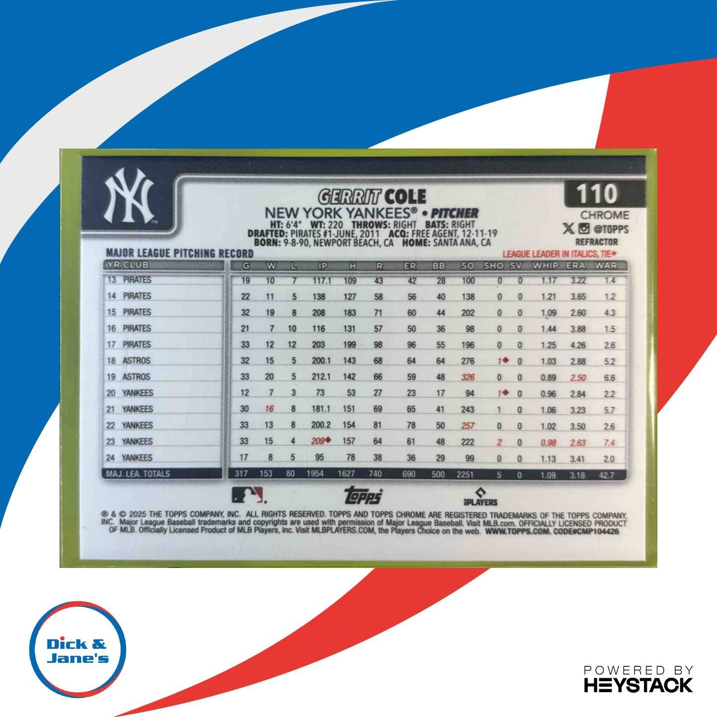 2025 Topps Chrome Gerrit Cole Refractor #110 New York Yankees - Sports Cards