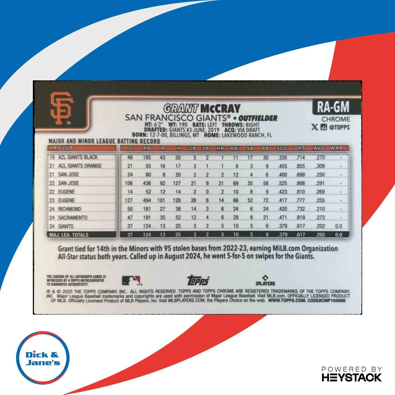 2025 Topps Chrome Grant McCray Auto Blue RayWave /150 RC San Francisco Giants - Sports Cards