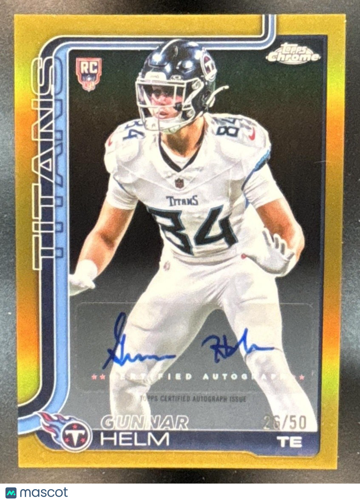 2025 Topps Chrome Gunnar Helm Auto Gold /50 #RA-GH RC Tennessee Titans - Sports Cards