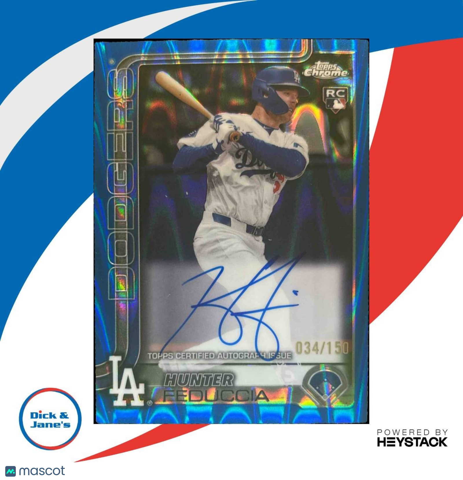 2025 Topps Chrome Hunter Feduccia Auto Blue RayWave /150 RC Los Angeles Dodgers - Sports Cards