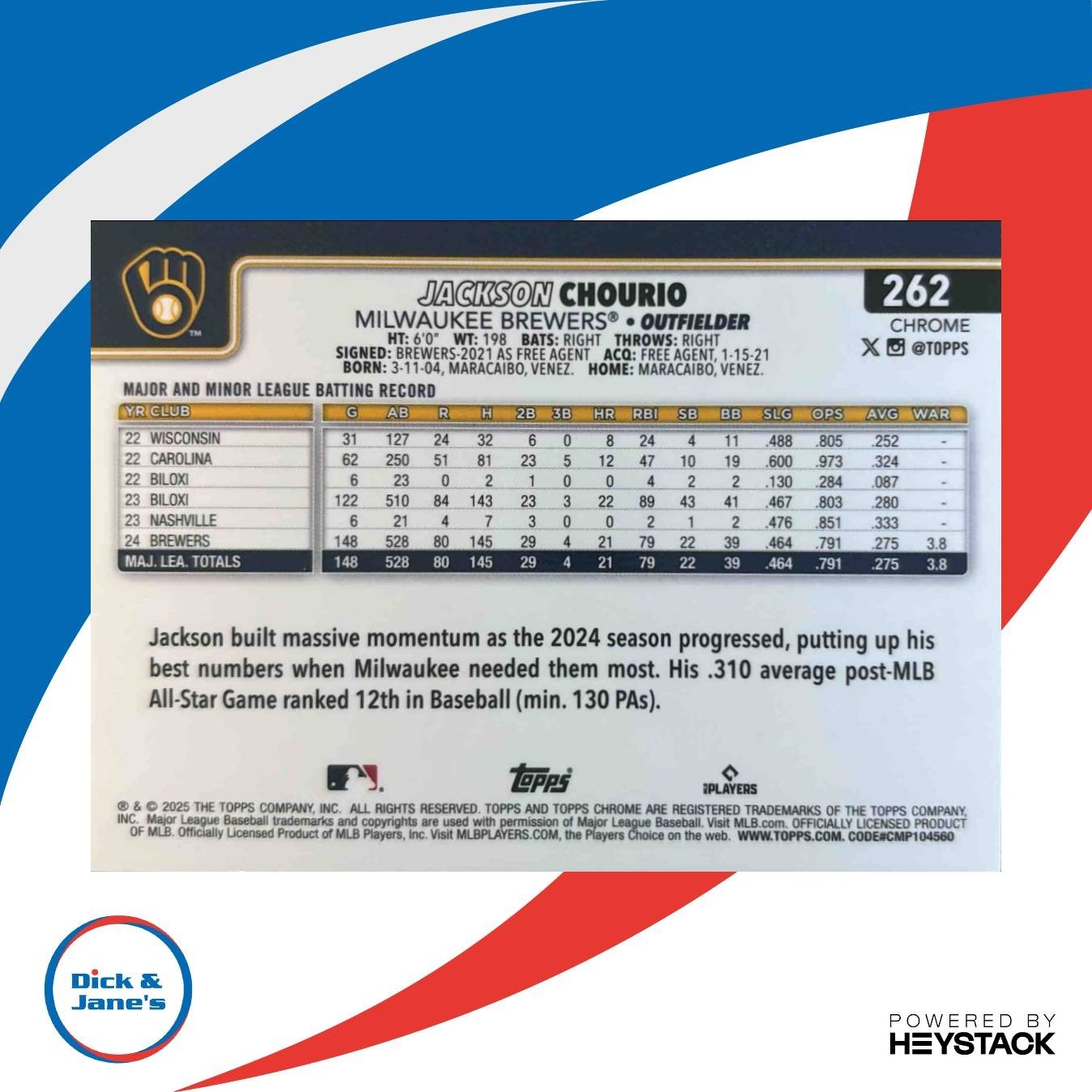 2025 Topps Chrome Jackson Chourio Image Variation LogoFractor #262 Brewers - Sports Cards